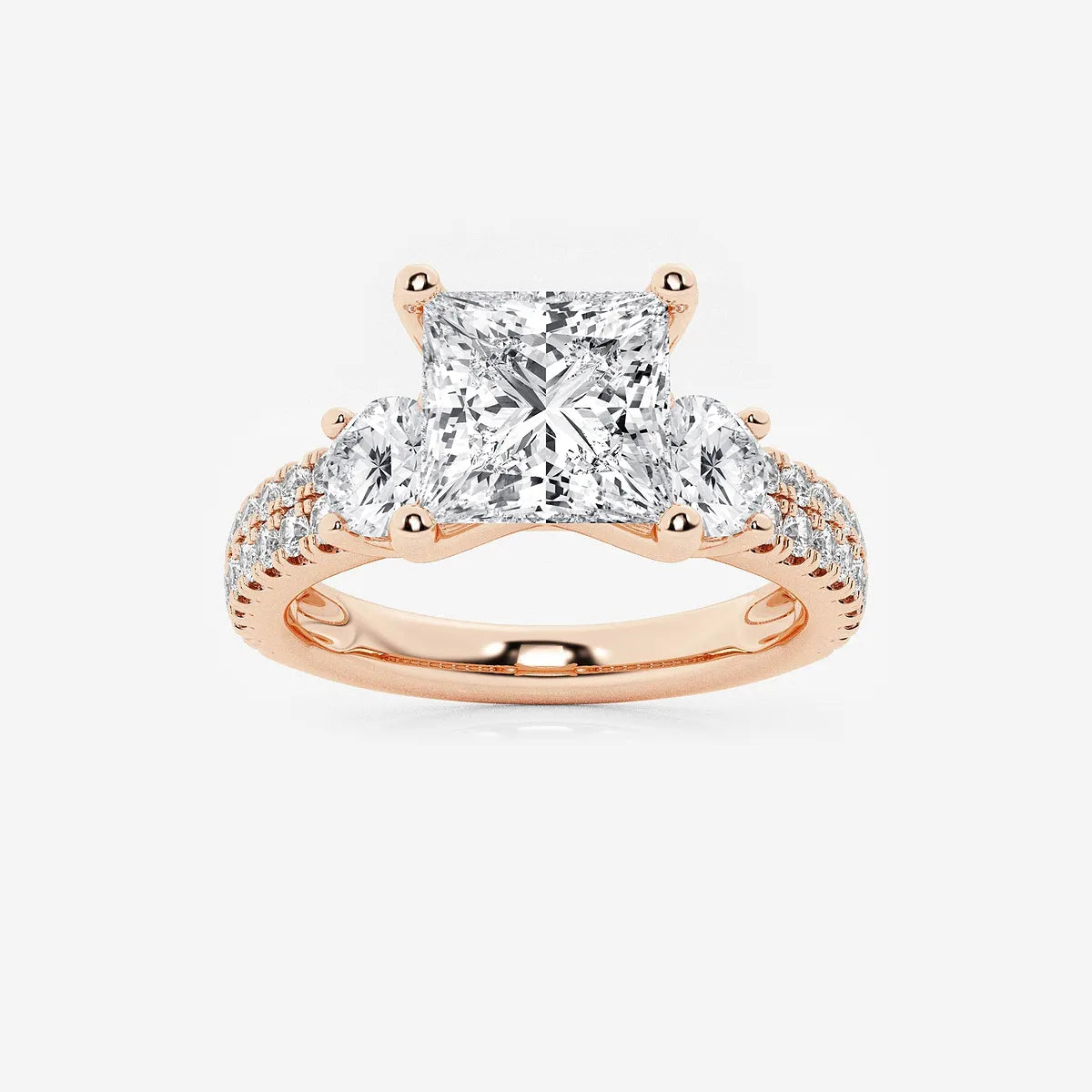 Princess Cut Lab Diamond Three Stone Ring  Round Brilliant Side Stones & Multi-Row Pavé Band