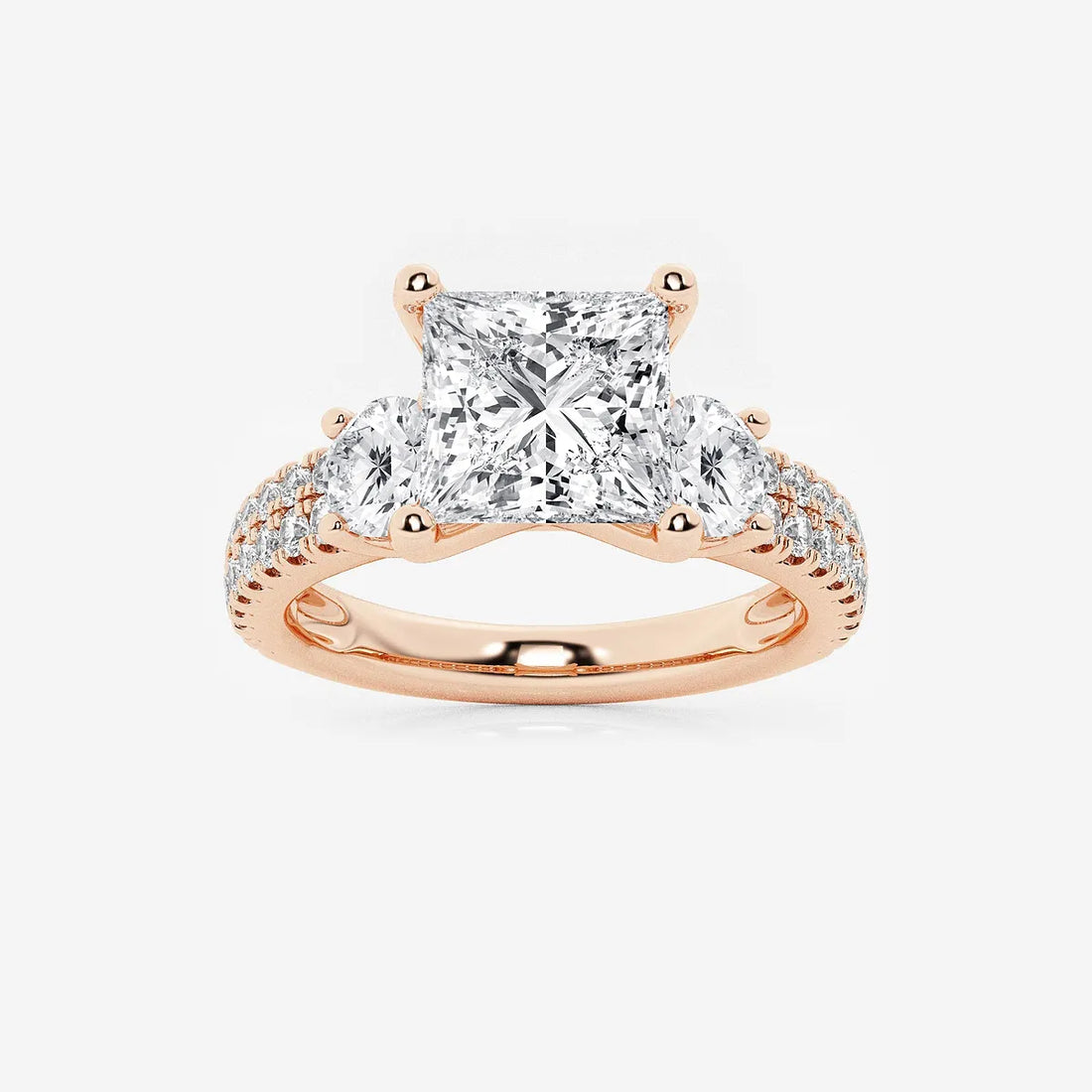 Princess Cut Lab Diamond Three Stone Ring  Round Brilliant Side Stones & Multi-Row Pavé Band