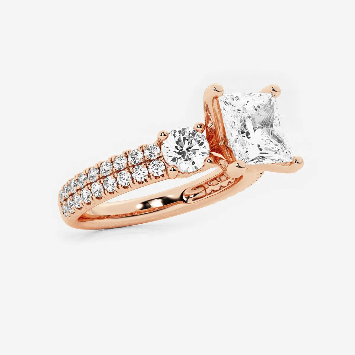 Princess Cut Lab Diamond Three Stone Ring  Round Brilliant Side Stones & Multi-Row Pavé Band