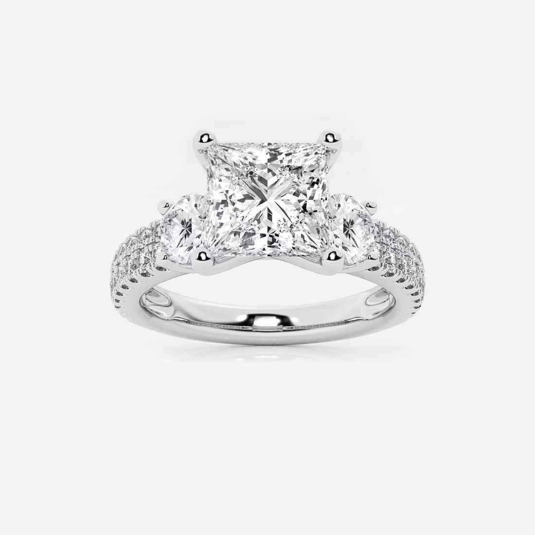 Three Stone Pavé Engagement Ring in White Gold with Princess Cut Center Stone