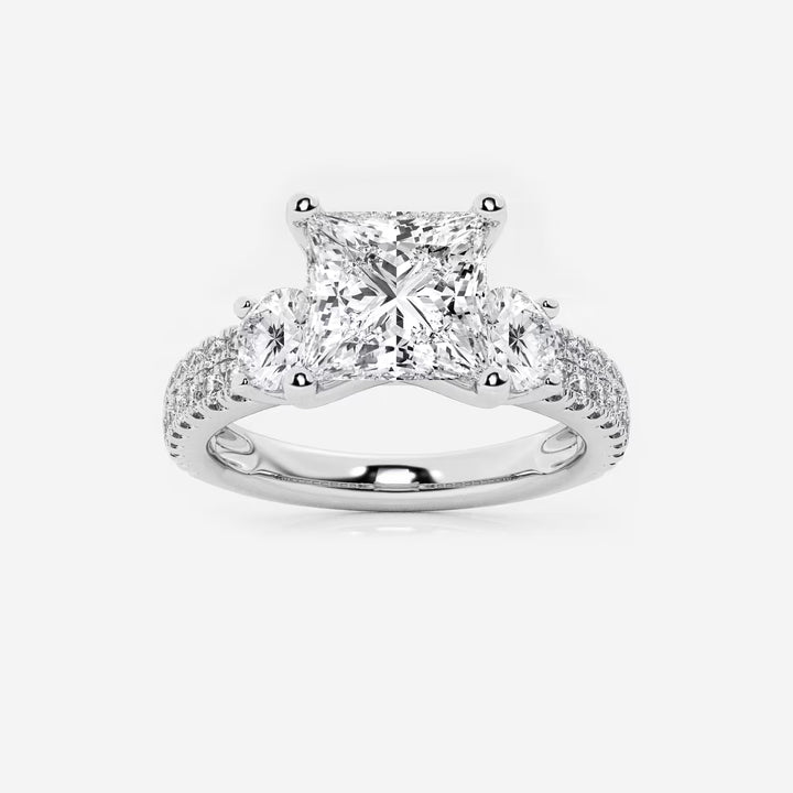 Three Stone Pavé Engagement Ring in White Gold with Princess Cut Center Stone
