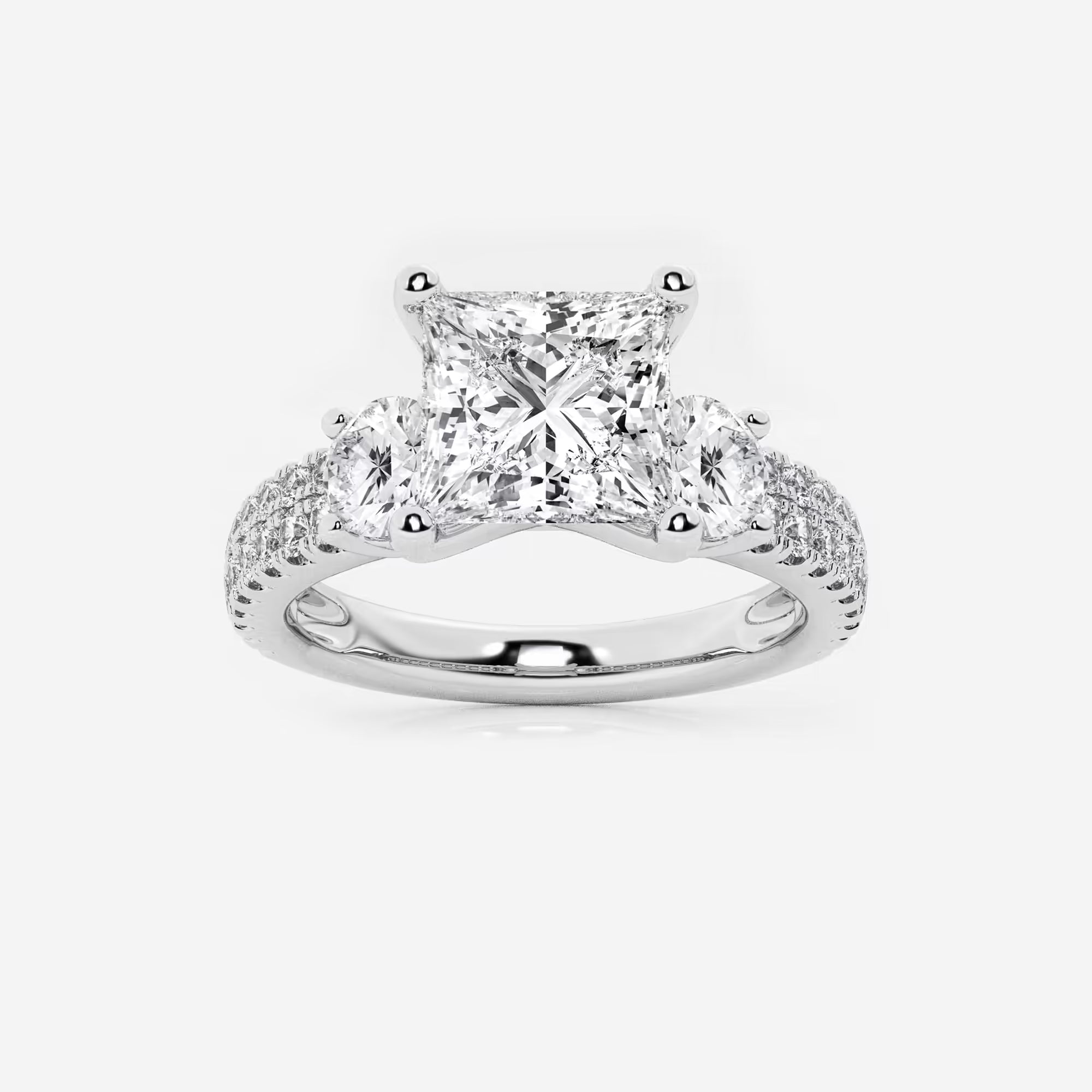 Princess Cut Lab Diamond Three Stone Ring  Round Brilliant Side Stones & Multi-Row Pavé Band