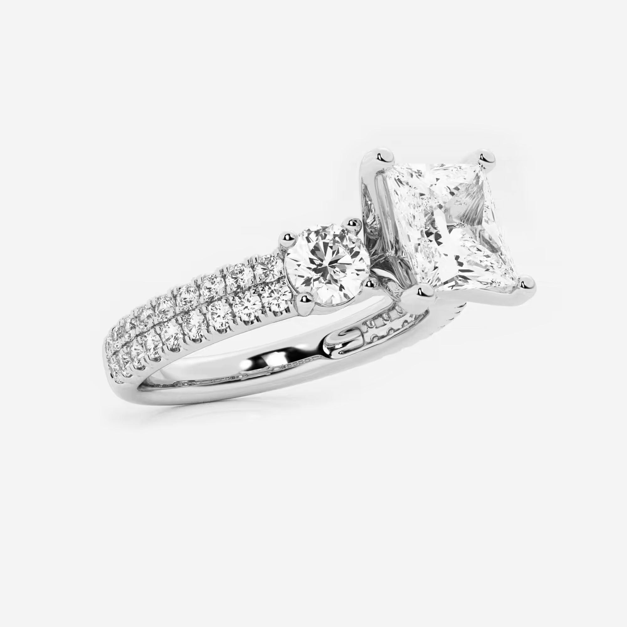 Three Stone Pavé Engagement Ring in White Gold with Princess Cut Center Stone
