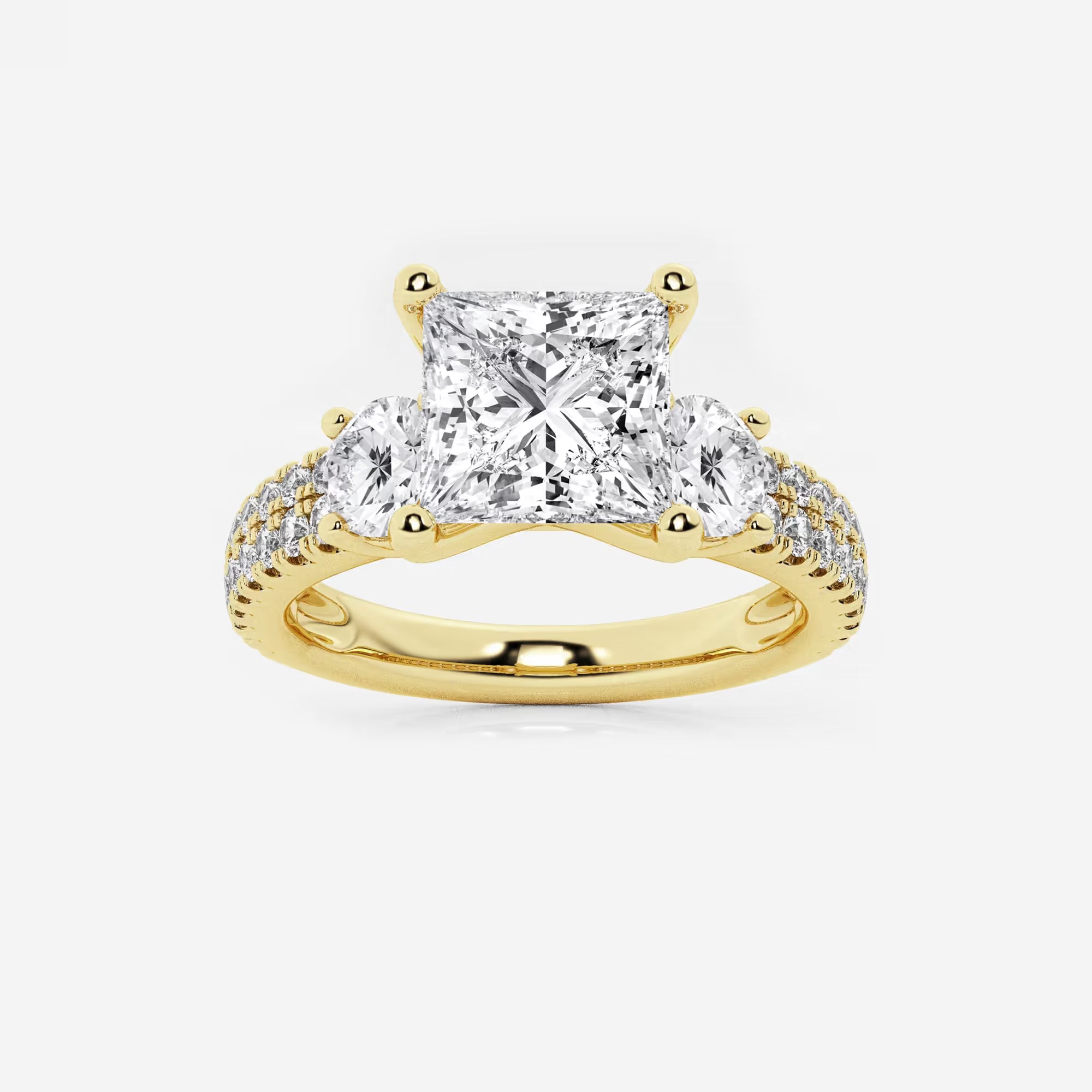Princess Cut Lab Diamond Three Stone Ring  Round Brilliant Side Stones & Multi-Row Pavé Band