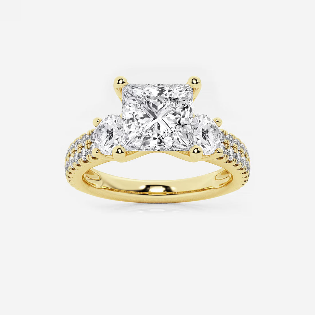 Princess Cut Lab Diamond Three Stone Ring  Round Brilliant Side Stones & Multi-Row Pavé Band