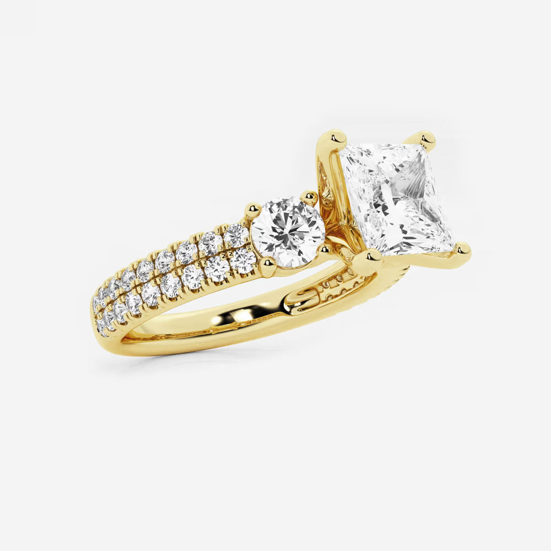 Princess Cut Lab Diamond Three Stone Ring  Round Brilliant Side Stones & Multi-Row Pavé Band