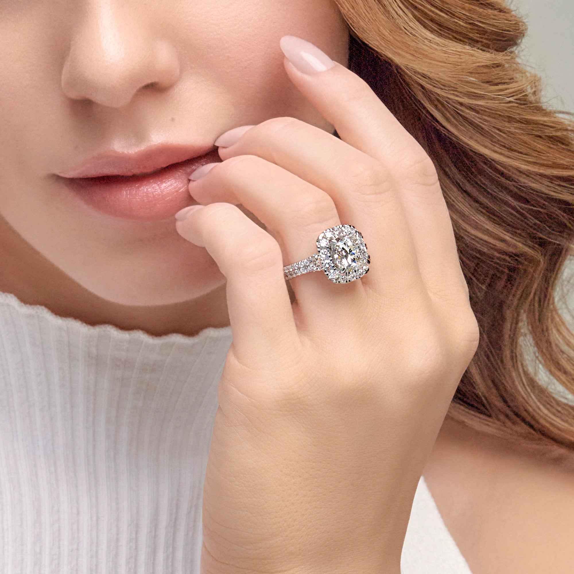 Three Stone Pavé Engagement Ring in White Gold with Princess Cut Center Stone
