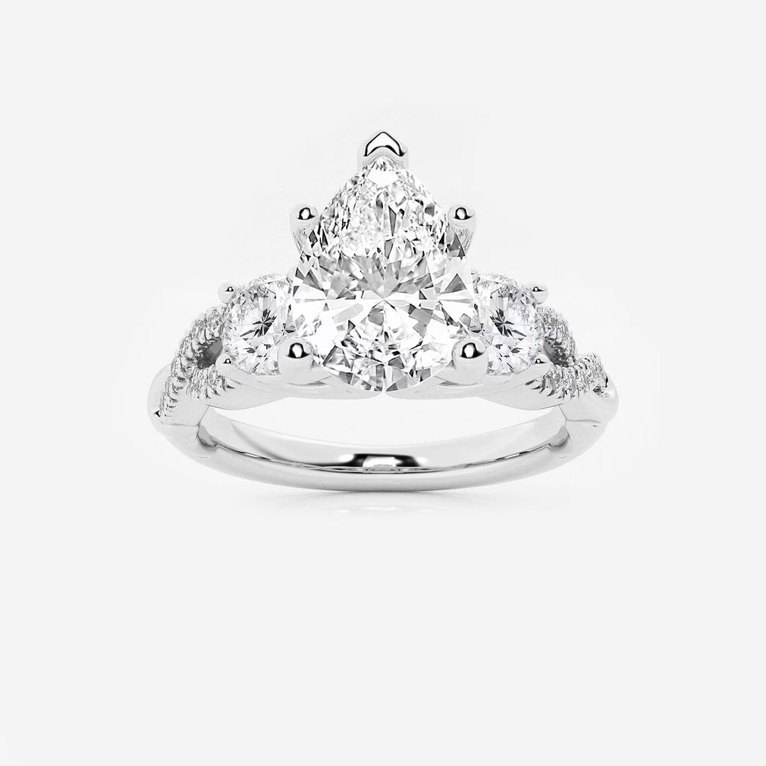 Pear Cut Lab Grown Diamond Engagement Ring, Three Stone Round Side Stone Pear Shape Diamond Ring