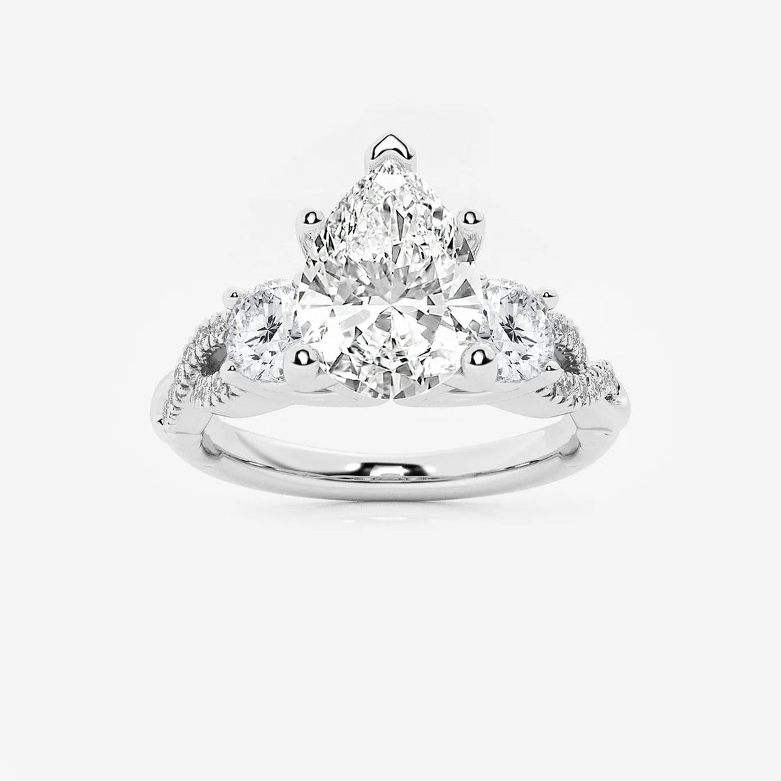 Pear Cut Lab Grown Diamond Engagement Ring, Three Stone Round Side Stone Pear Shape Diamond Ring