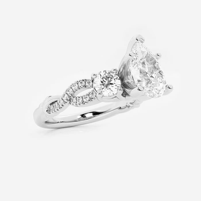 Pear Cut Lab Grown Diamond Engagement Ring, Three Stone Round Side Stone Pear Shape Diamond Ring