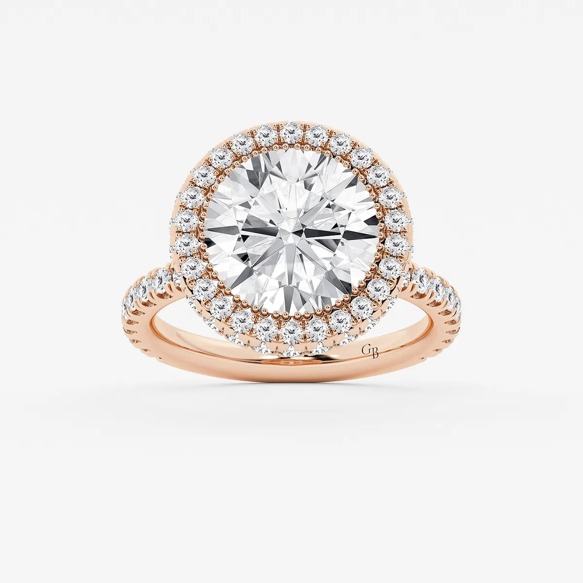 Round Cut Lab Grown Diamond Halo Engagement Ring   Pavé Diamond Band