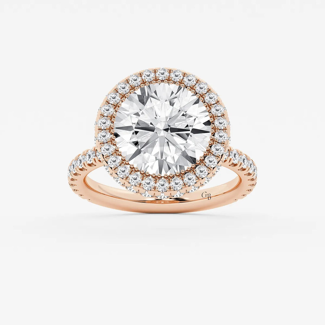 Round Cut Lab Grown Diamond Halo Engagement Ring   Pavé Diamond Band