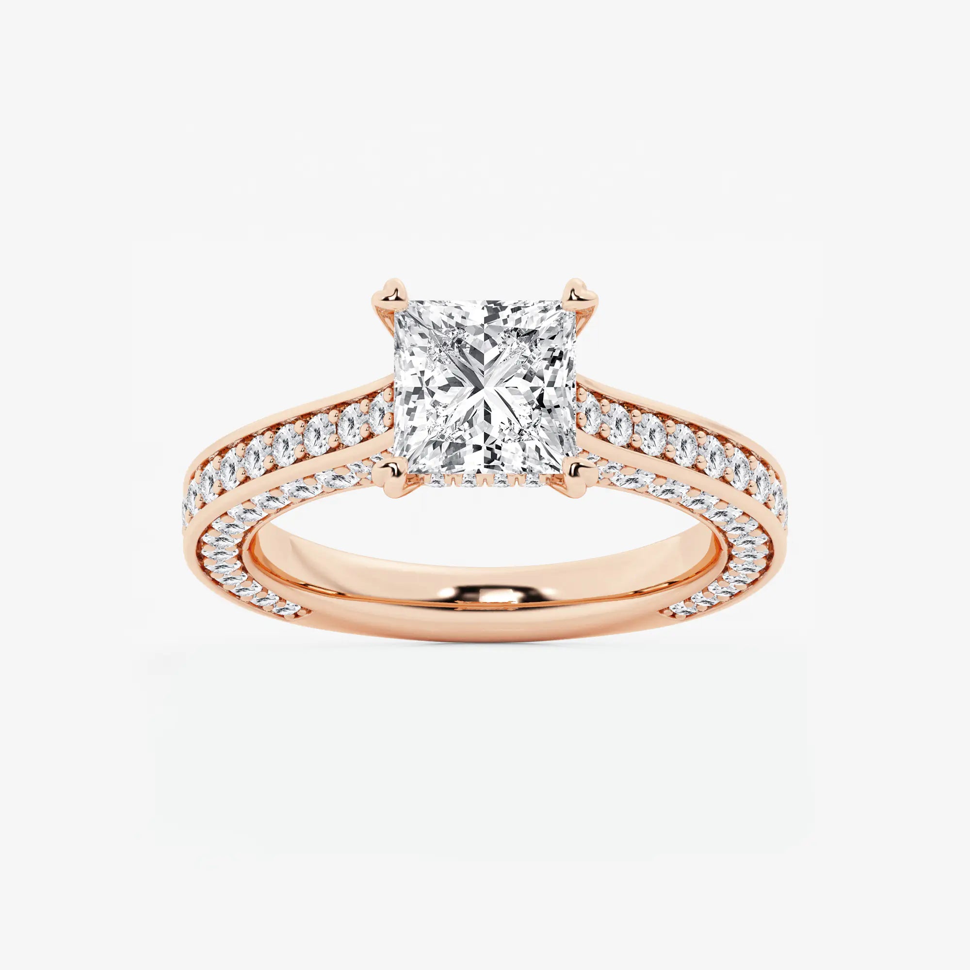 Princess Cut Lab Diamond Engagement Ring  Double Row Pavé Band