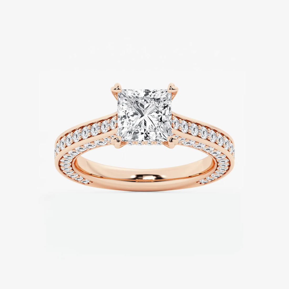 Princess Cut Lab Diamond Engagement Ring  Double Row Pavé Band