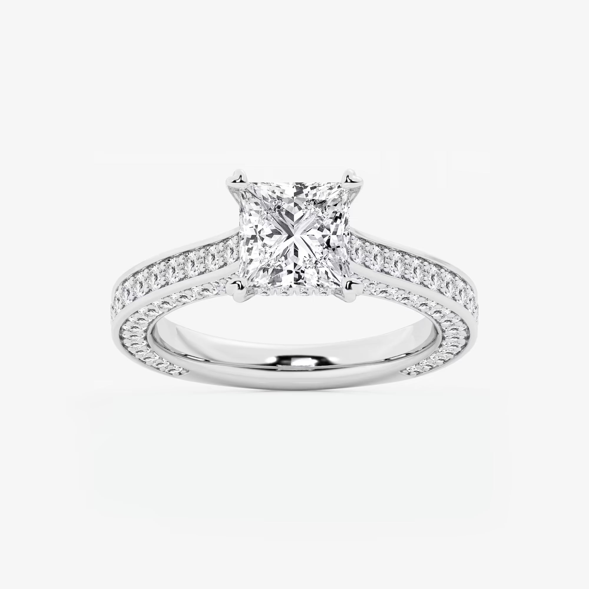 Princess Cut Lab Diamond Engagement Ring  Double Row Pavé Band