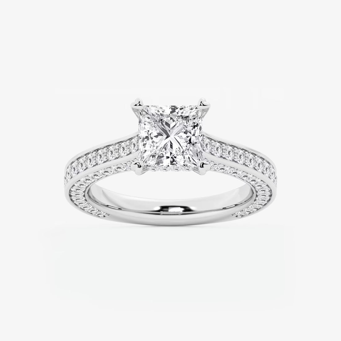 Princess Cut Lab Diamond Engagement Ring  Double Row Pavé Band