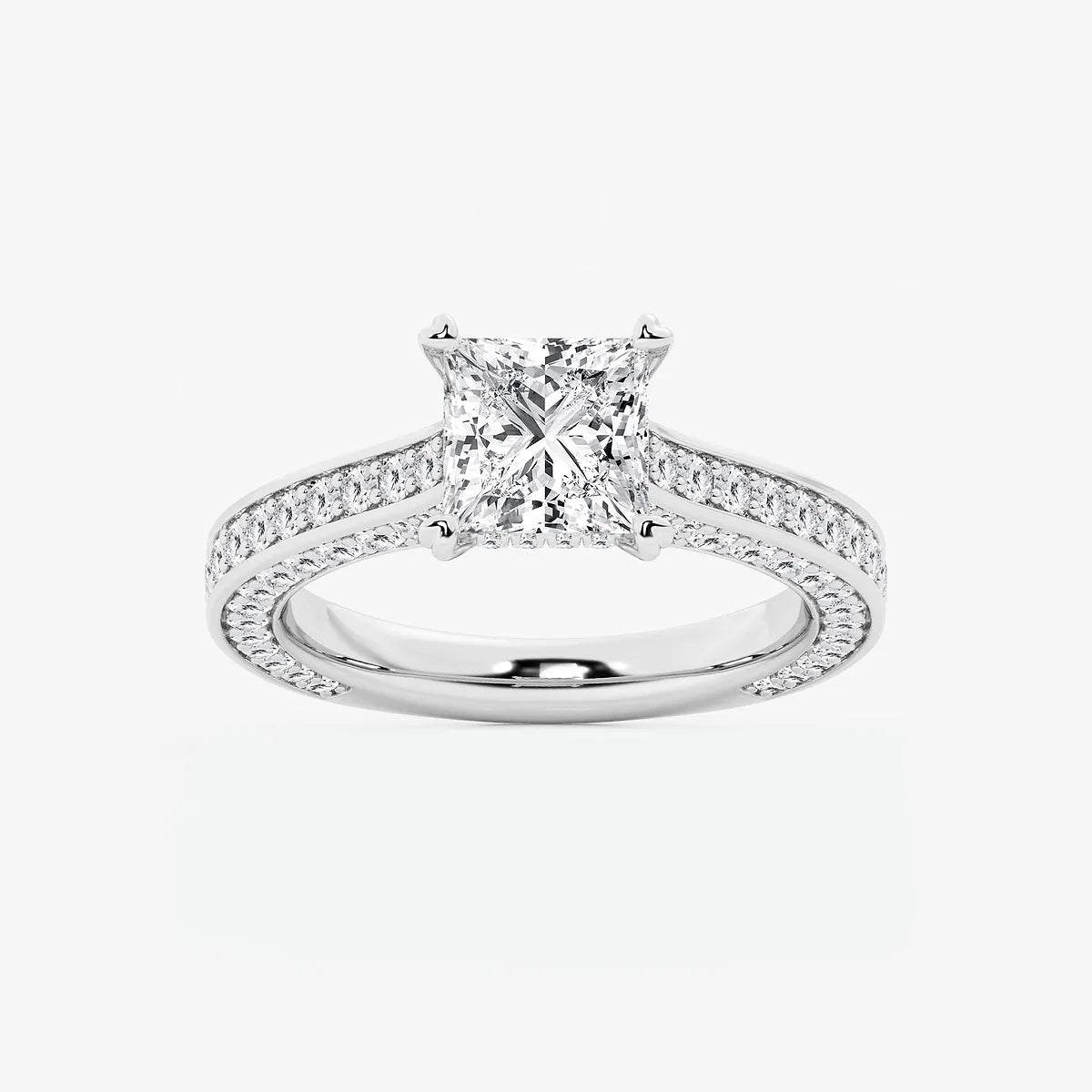 Princess Cut Lab Diamond Engagement Ring  Double Row Pavé Band