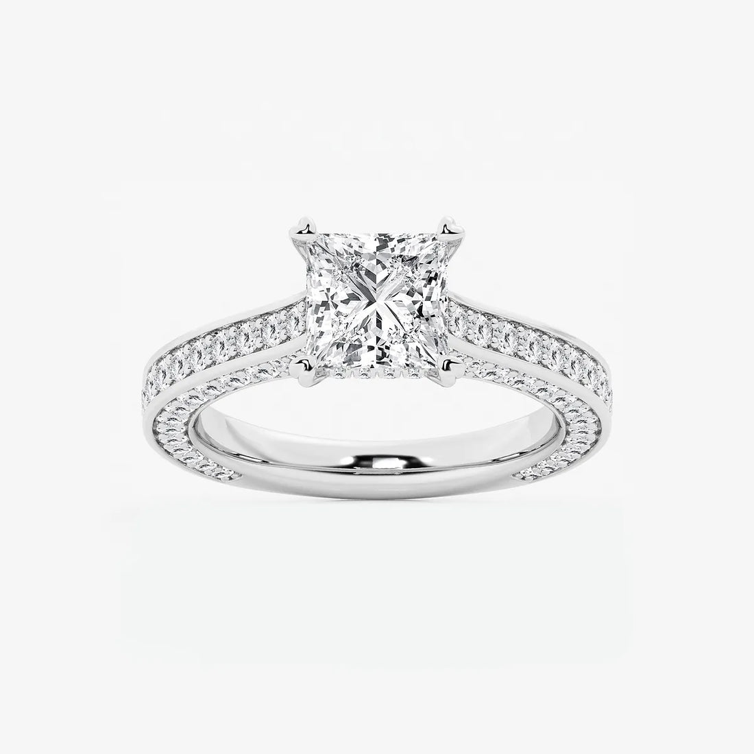 Princess Cut Lab Diamond Engagement Ring  Double Row Pavé Band