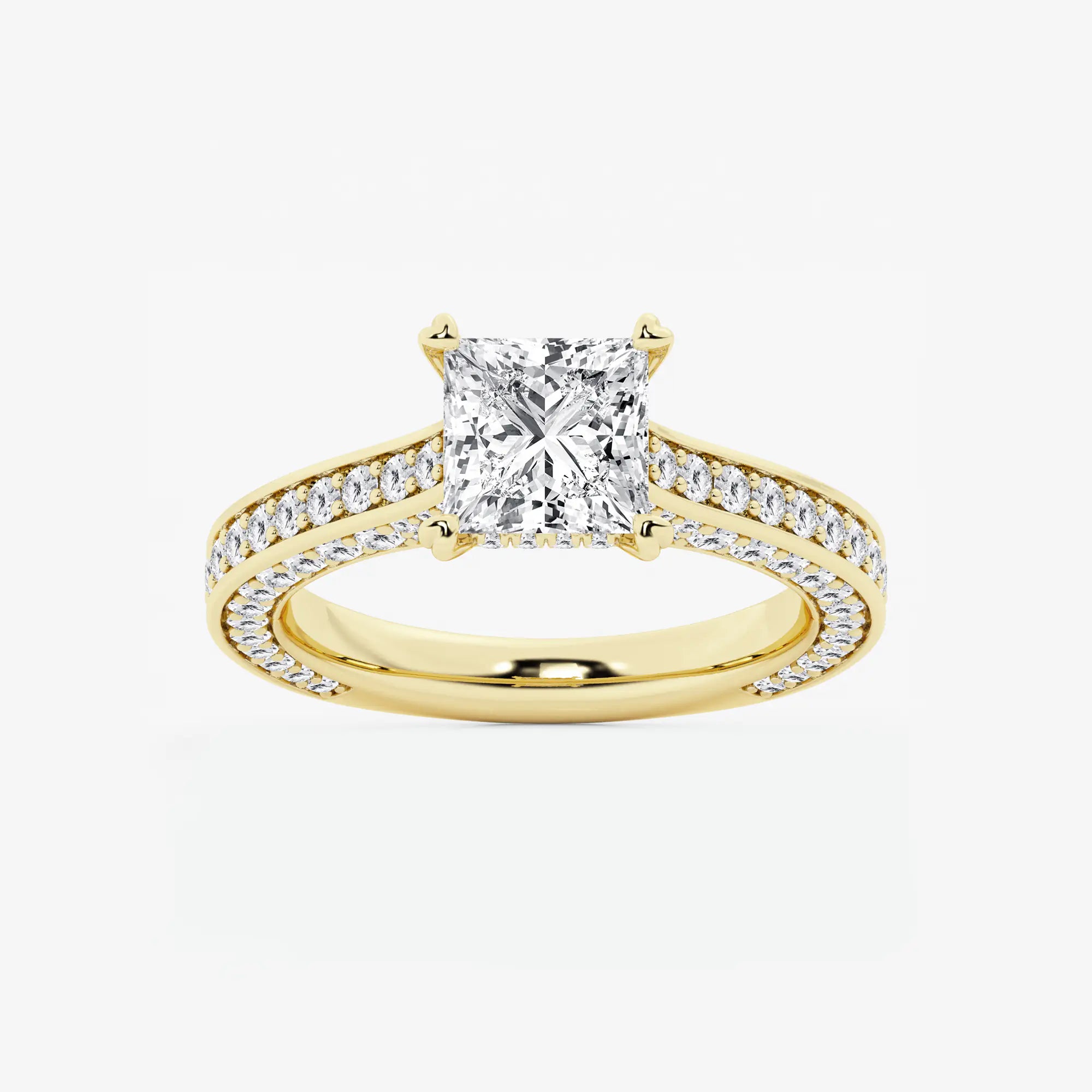 Princess Cut Lab Diamond Engagement Ring  Double Row Pavé Band