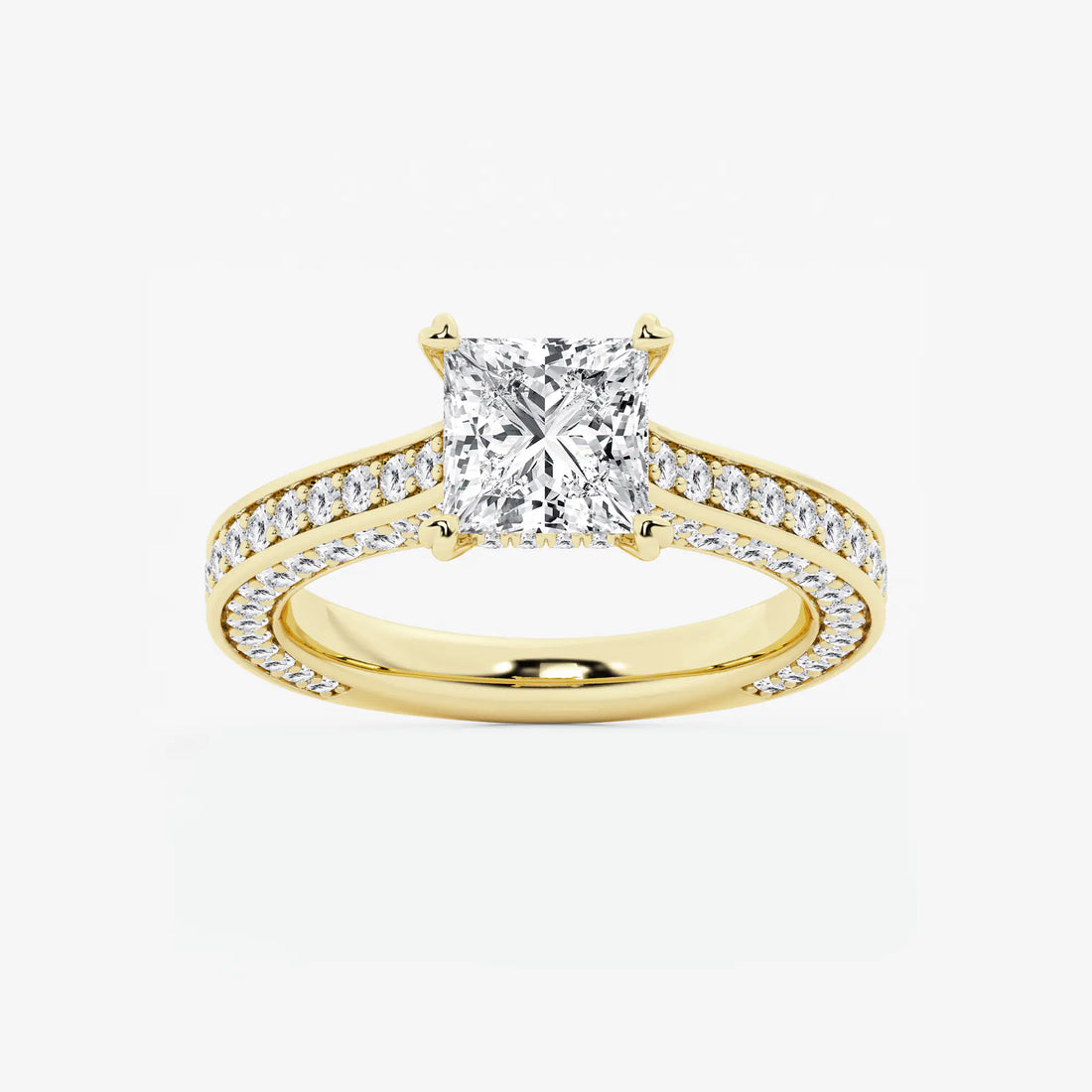 Princess Cut Lab Diamond Engagement Ring  Double Row Pavé Band