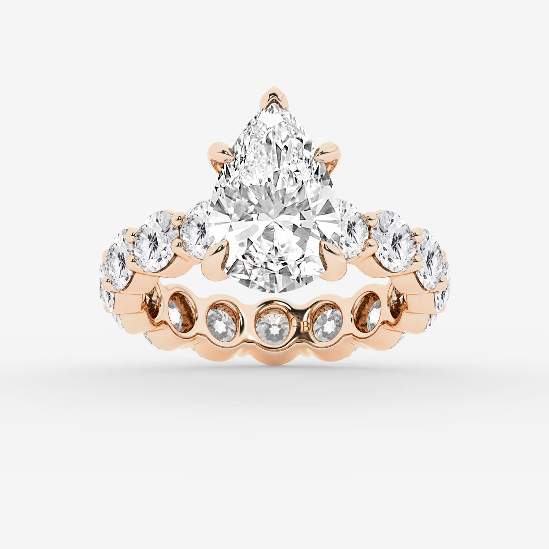 Pear Shape Lab Diamond Bridal Set  Large Round Brilliant Shoulder Ring & Round Eternity Wedding Band