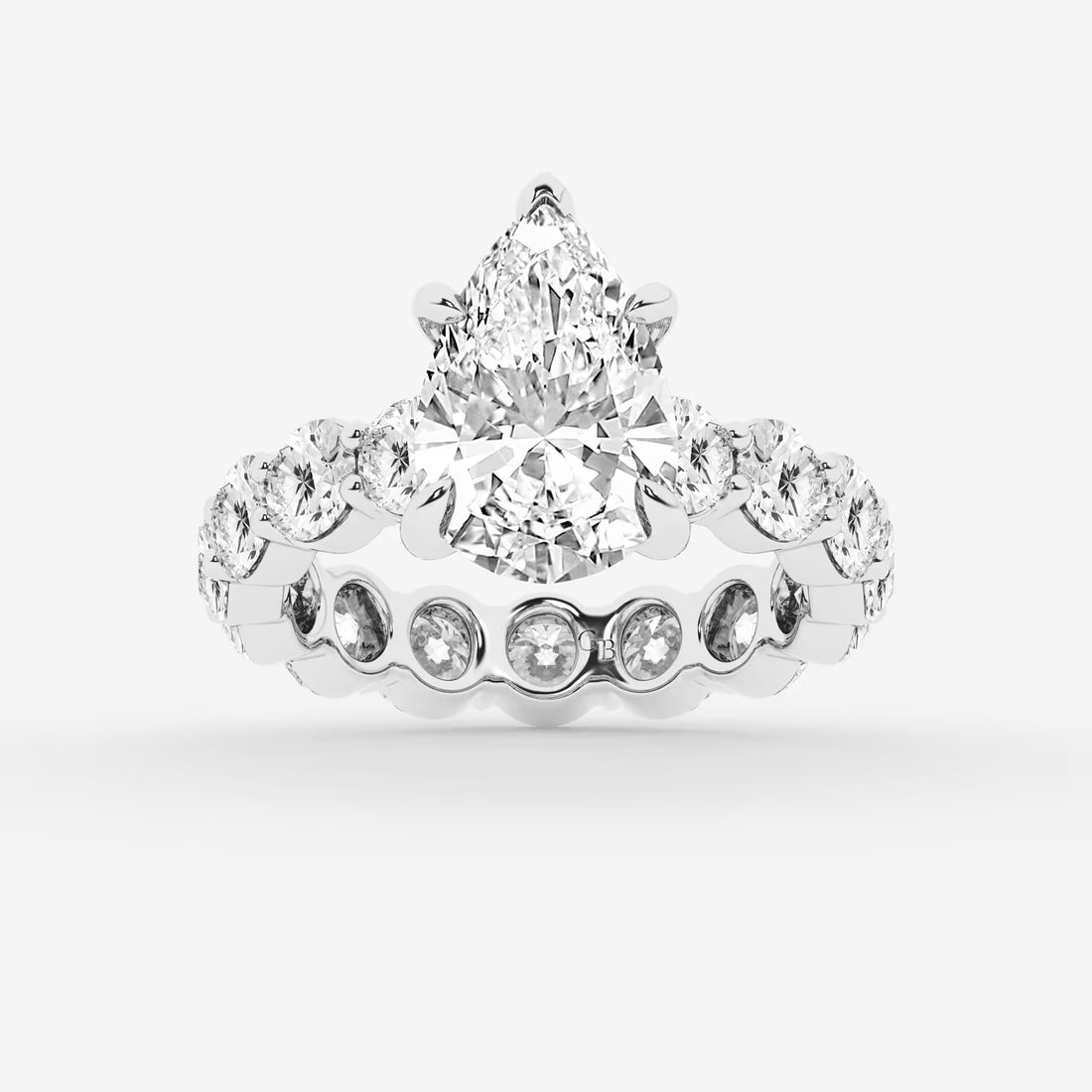 Pear Shape Lab Diamond Bridal Set  Large Round Brilliant Shoulder Ring & Round Eternity Wedding Band