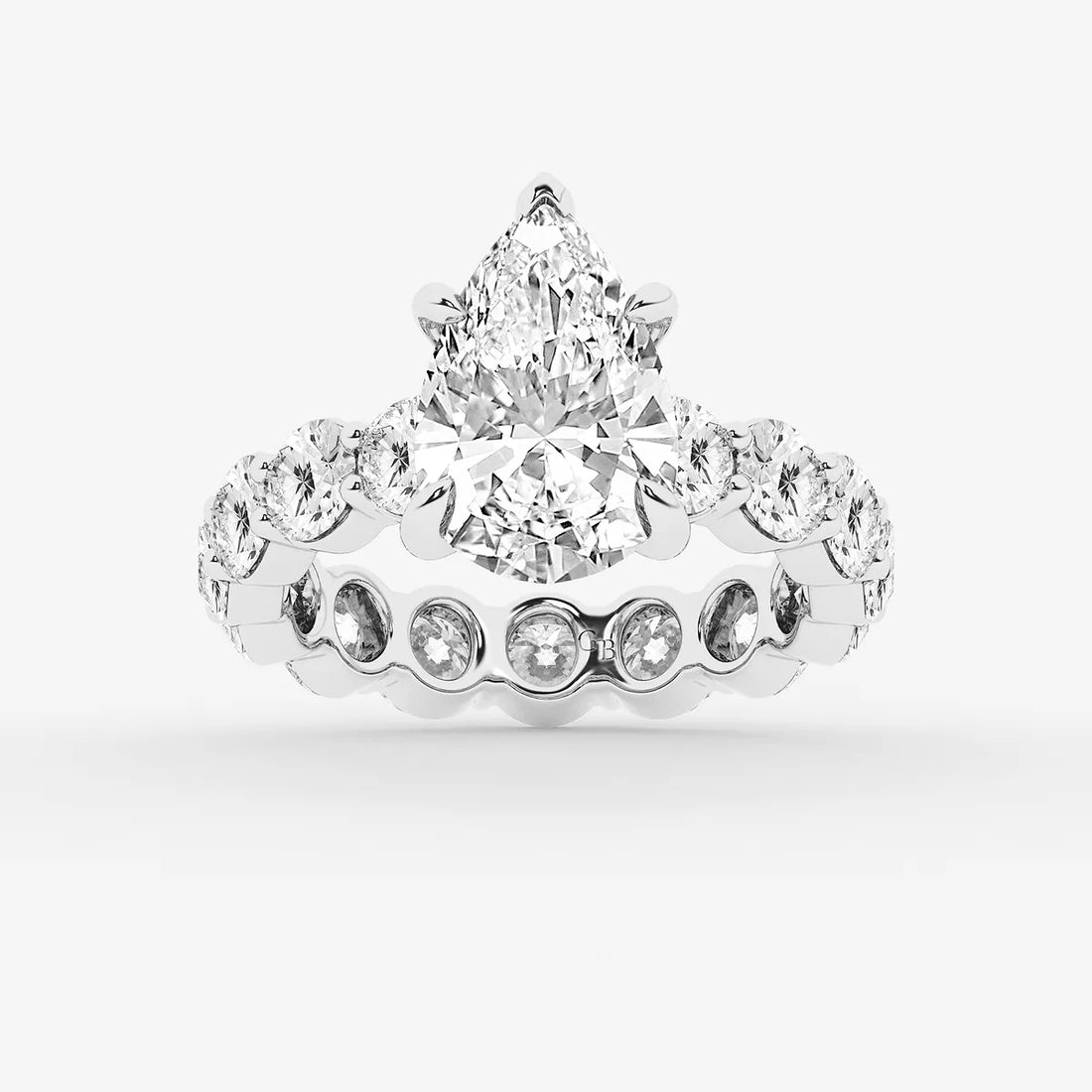Pear Shape Lab Diamond Bridal Set  Large Round Brilliant Shoulder Ring & Round Eternity Wedding Band