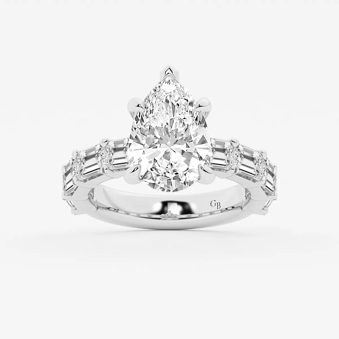 Pear Cut Lab Grown Diamond Engagement Ring  Baguette Side Stone Diamond Ring