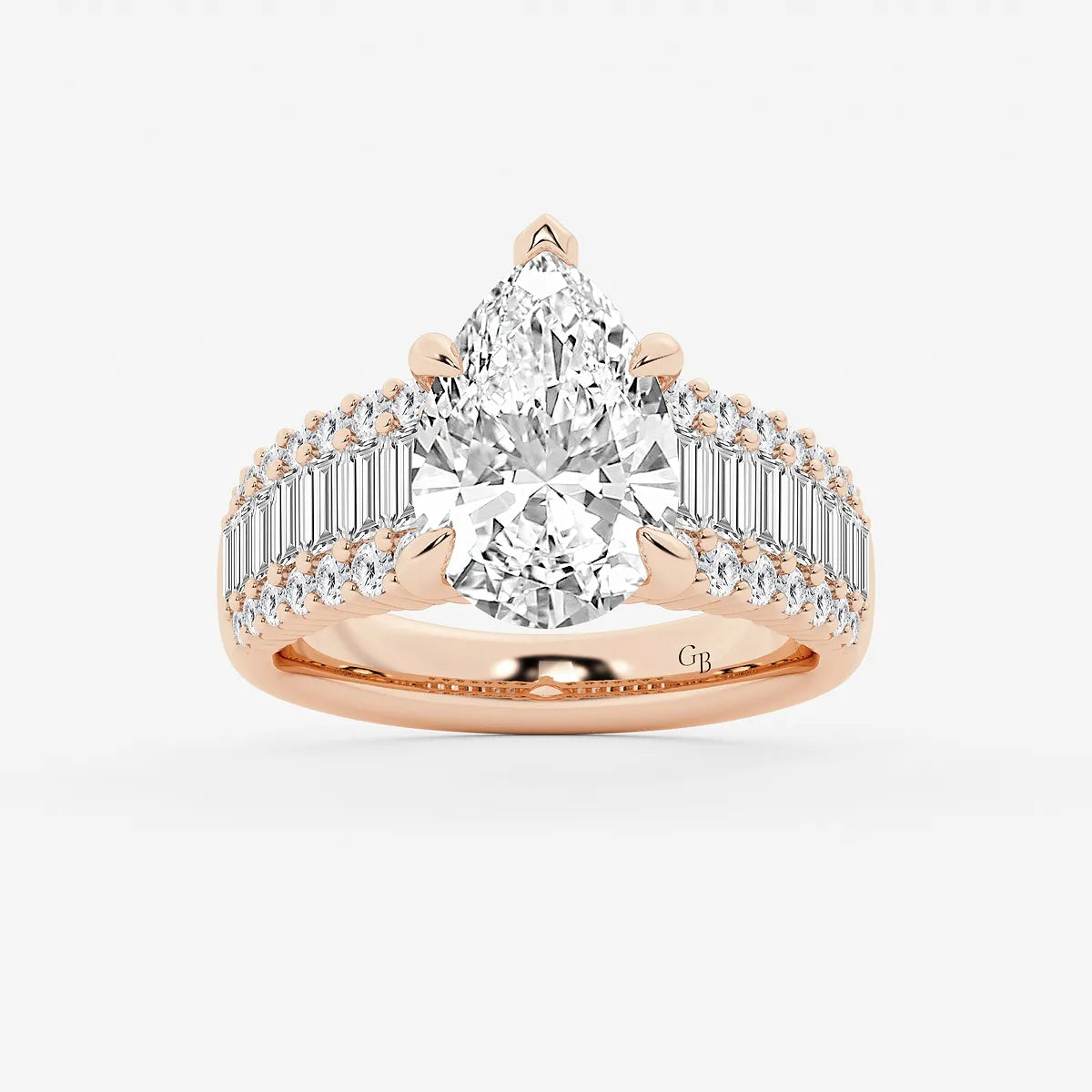 Pear Shape Lab Diamond Engagement Ring  Baguette & Round Brilliant Shoulder Band