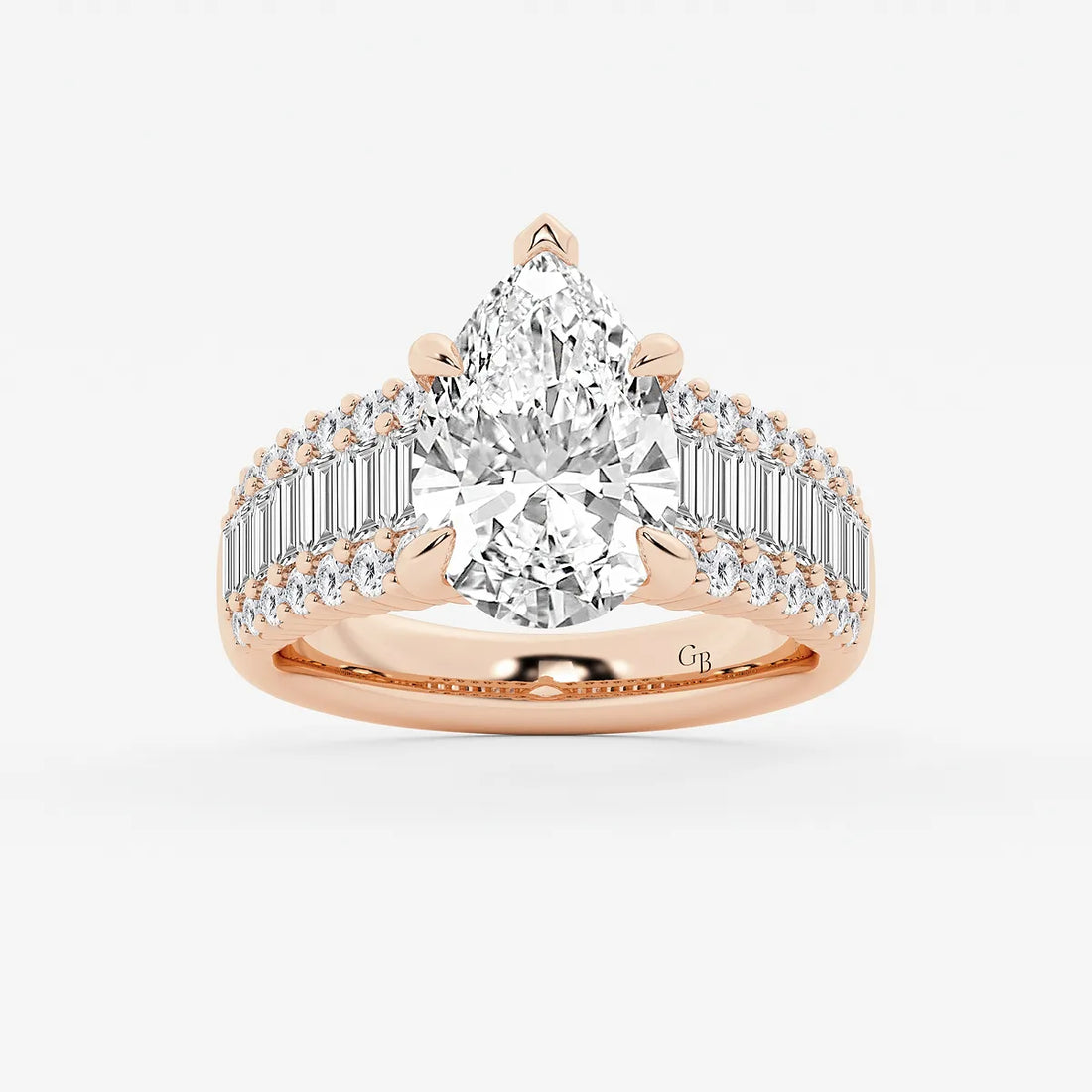 Pear Shape Lab Diamond Engagement Ring  Baguette & Round Brilliant Shoulder Band