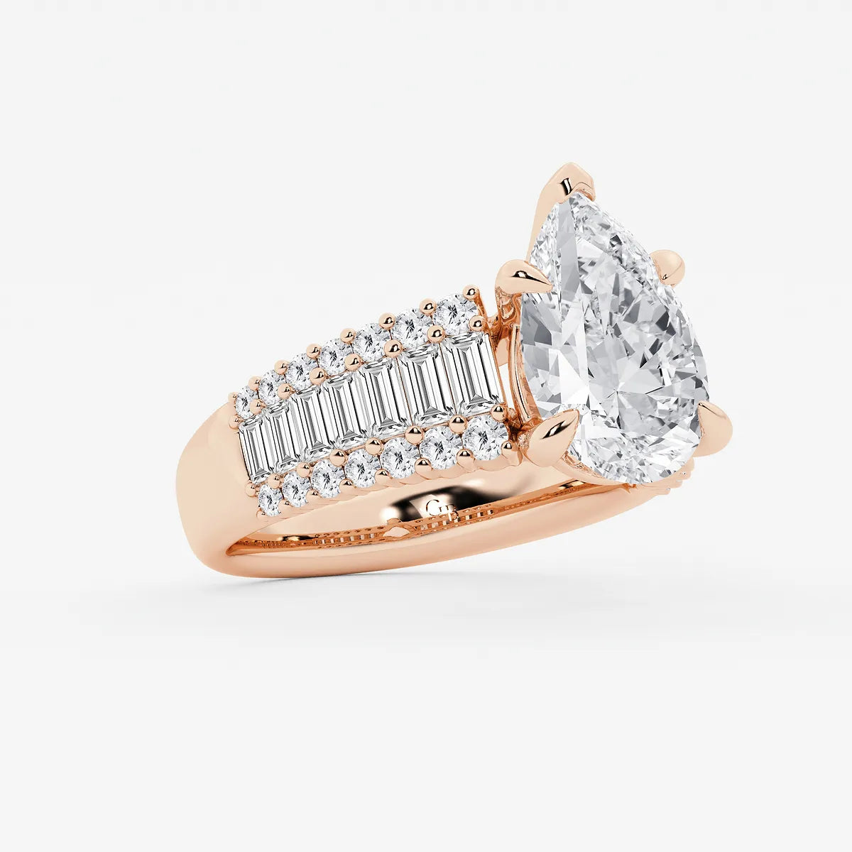 Pear Shape Lab Diamond Engagement Ring  Baguette & Round Brilliant Shoulder Band