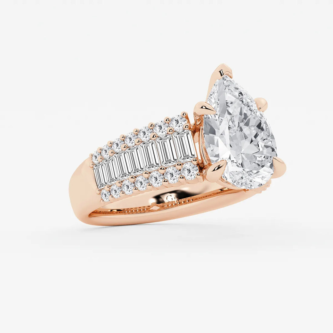 Pear Shape Lab Diamond Engagement Ring  Baguette & Round Brilliant Shoulder Band