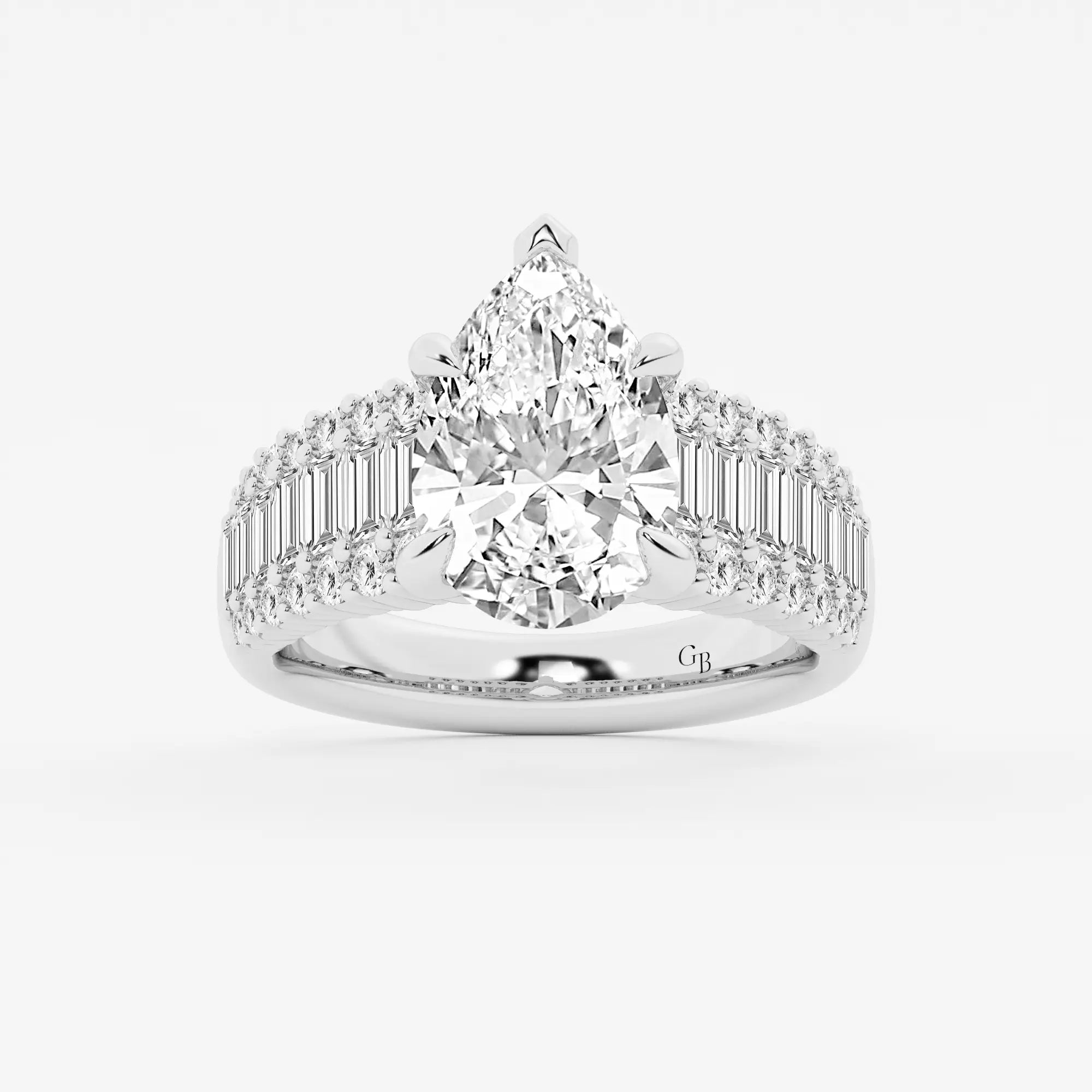 Pear Shape Lab Diamond Engagement Ring  Baguette & Round Brilliant Shoulder Band