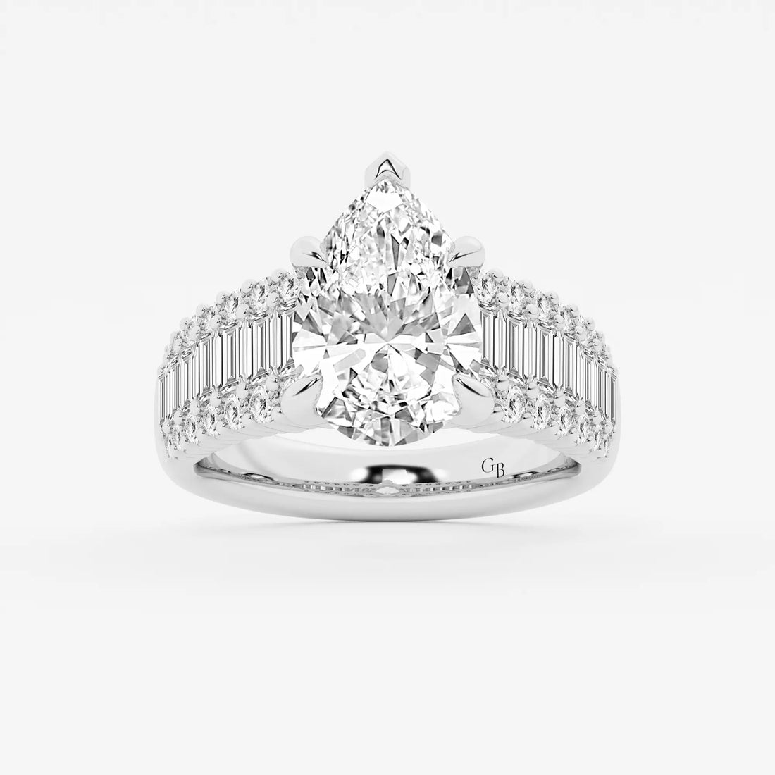 Pear Shape Lab Diamond Engagement Ring  Baguette & Round Brilliant Shoulder Band