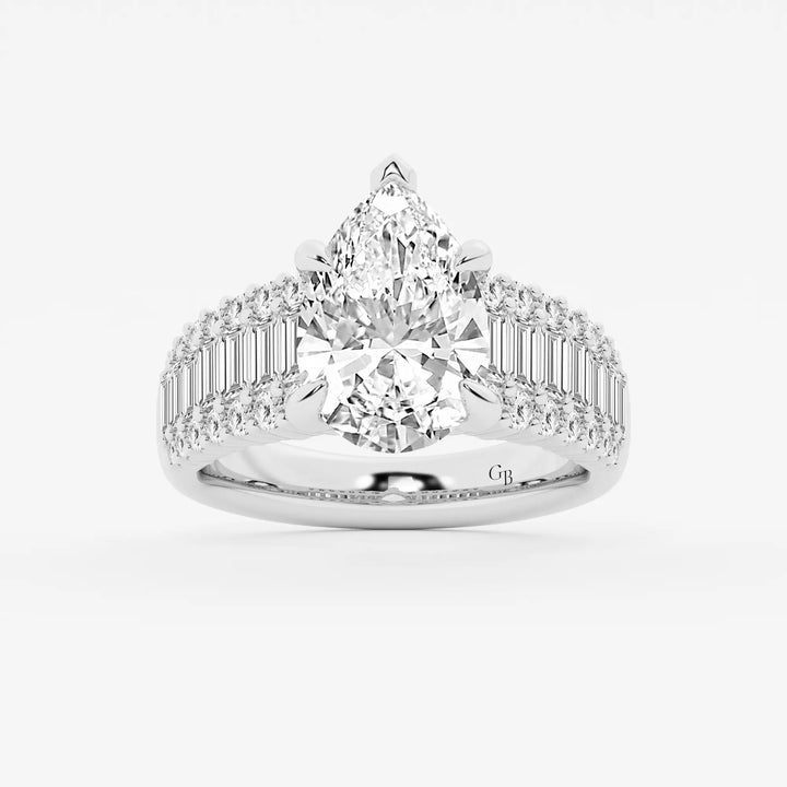 Pear Shape Lab Diamond Engagement Ring  Baguette & Round Brilliant Shoulder Band