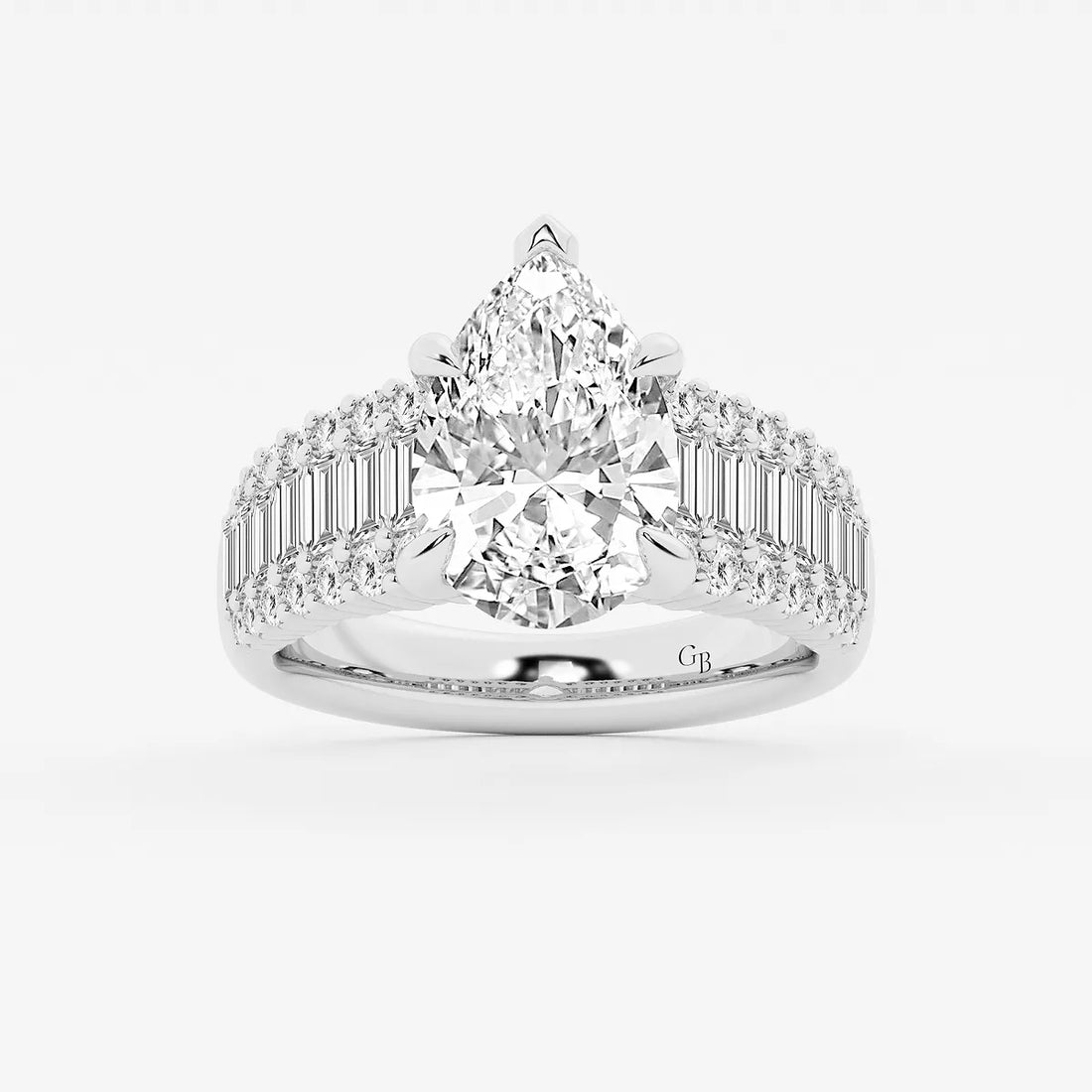Pear Shape Lab Diamond Engagement Ring  Baguette & Round Brilliant Shoulder Band
