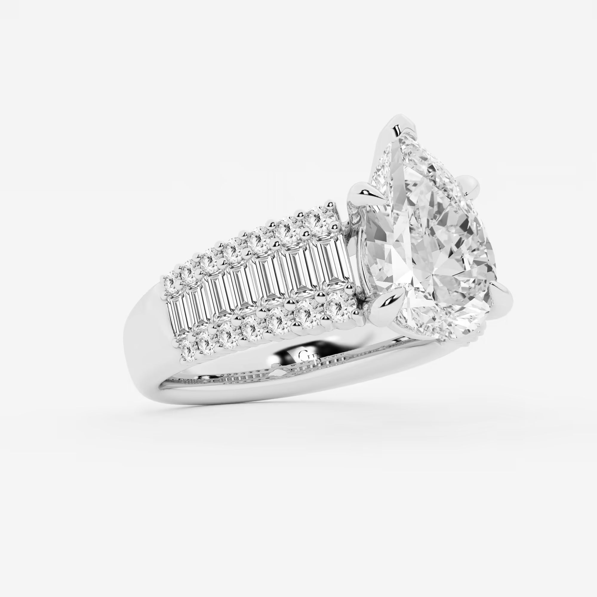Pear Shape Lab Diamond Engagement Ring  Baguette & Round Brilliant Shoulder Band