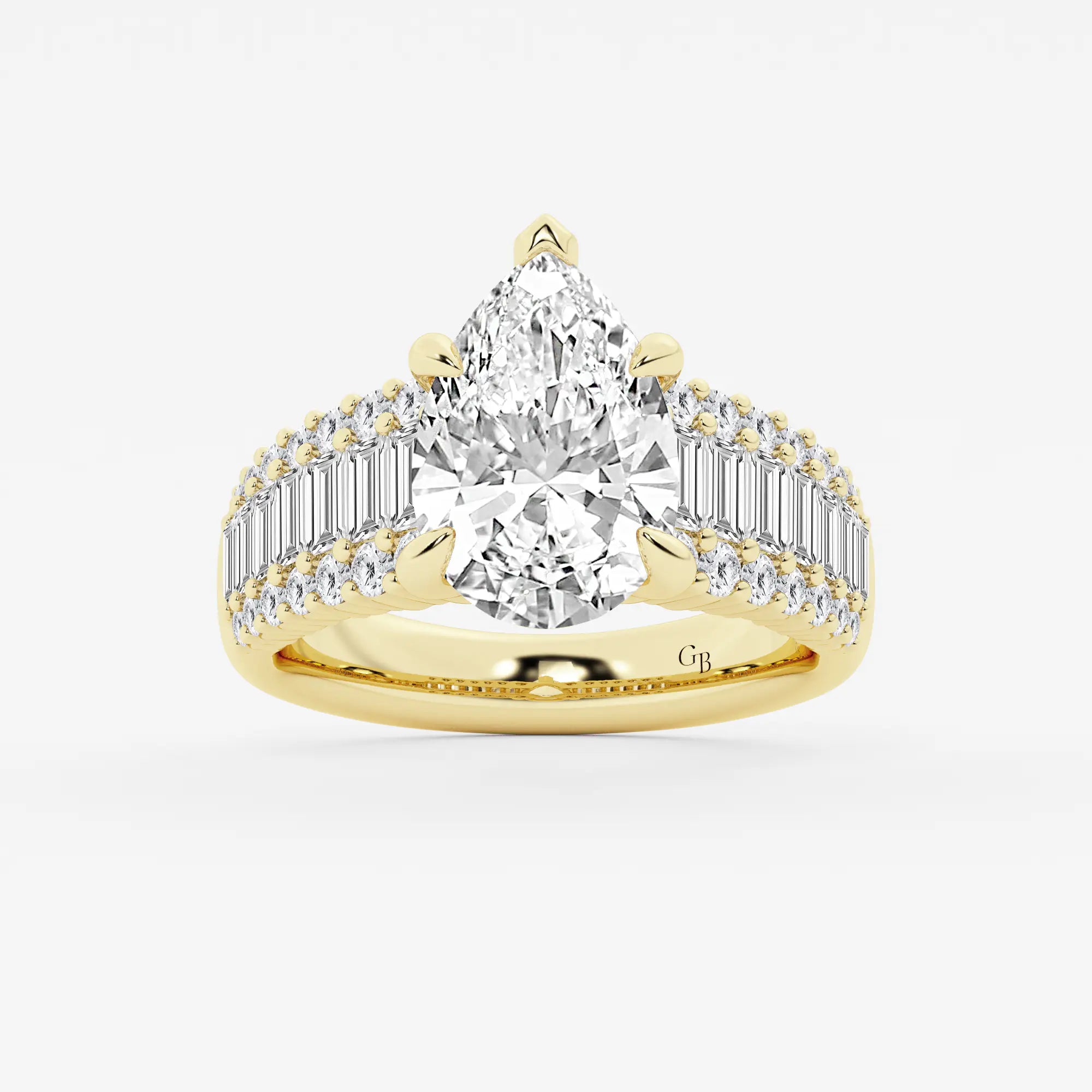 Pear Shape Lab Diamond Engagement Ring  Baguette & Round Brilliant Shoulder Band