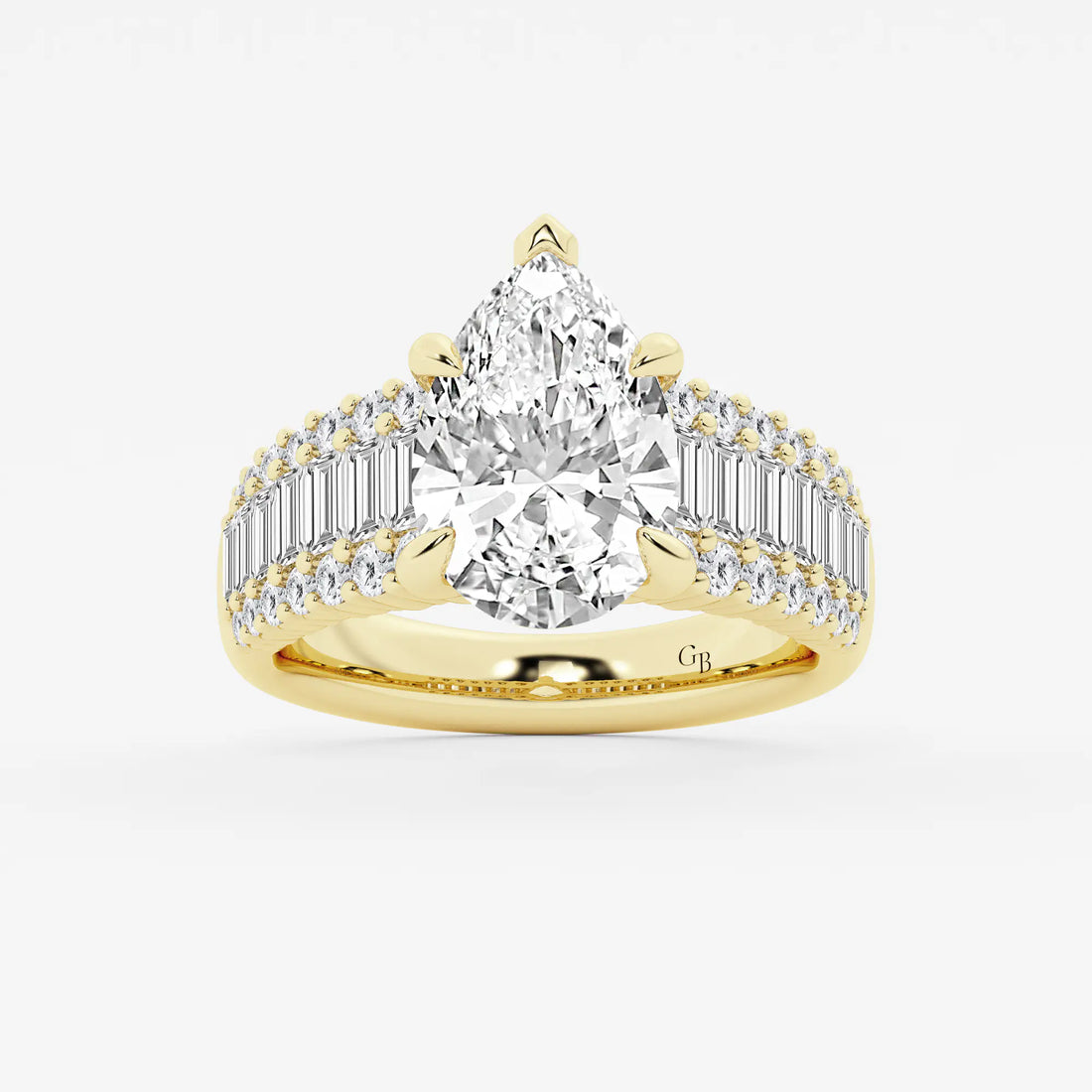 Pear Shape Lab Diamond Engagement Ring  Baguette & Round Brilliant Shoulder Band