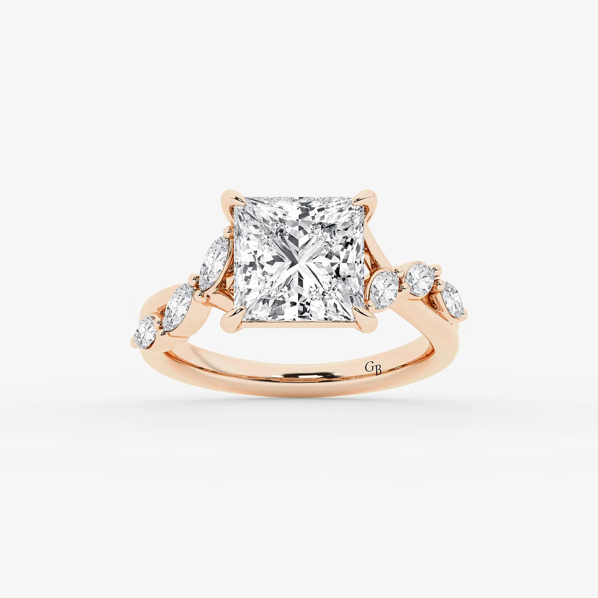 Princess Cut Lab Diamond Engagement Ring Marquise & Round Floral Vine Band