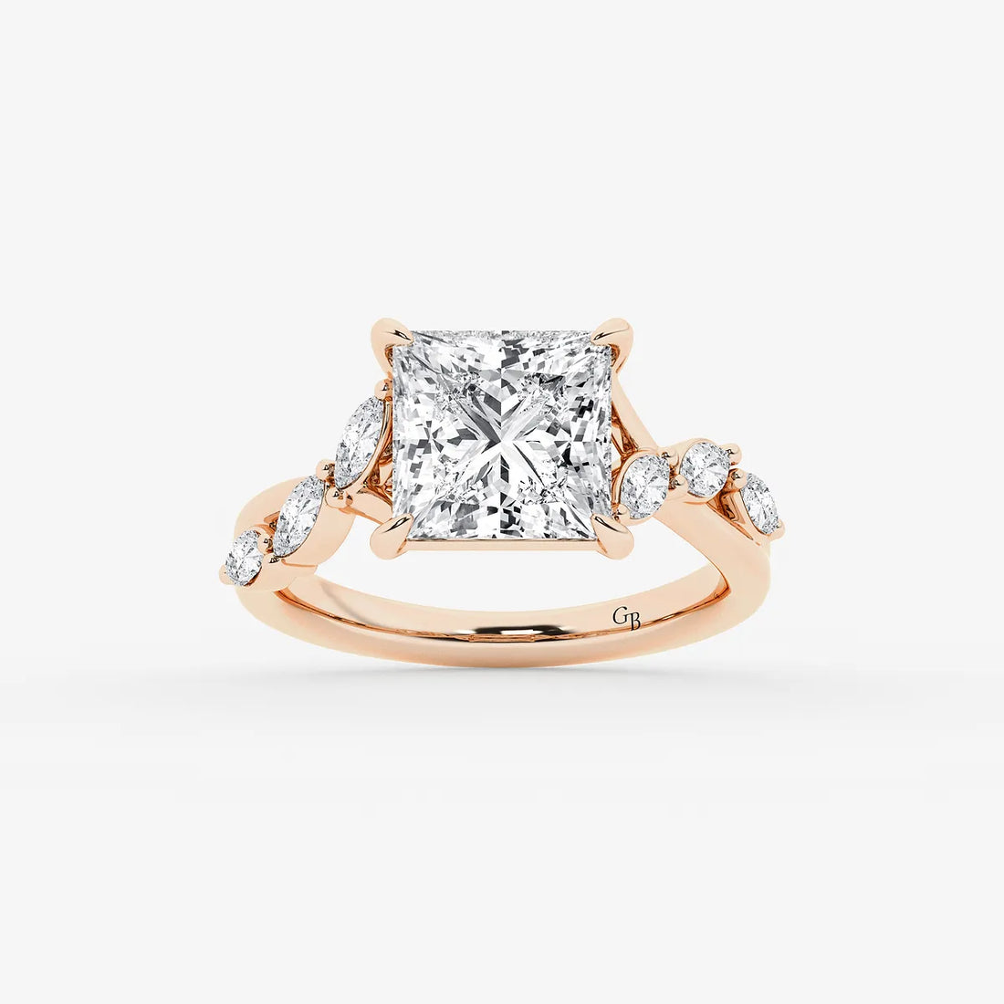 Princess Cut Lab Diamond Engagement Ring Marquise & Round Floral Vine Band