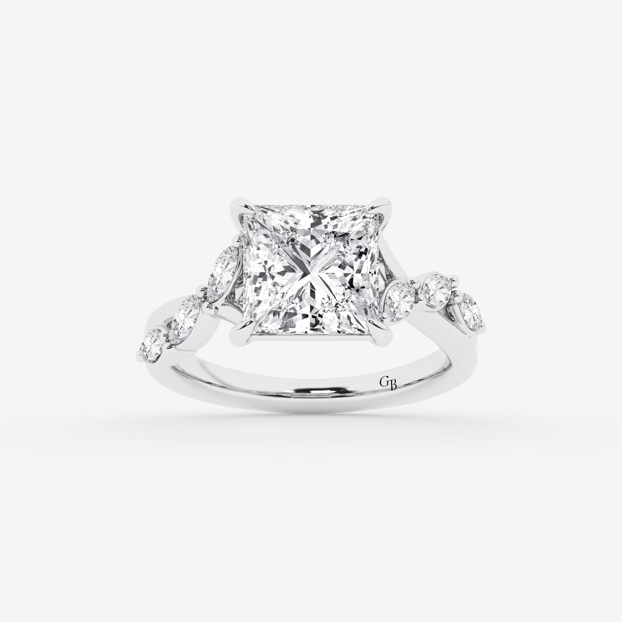 Princess Cut Lab Diamond Engagement Ring Marquise & Round Floral Vine Band