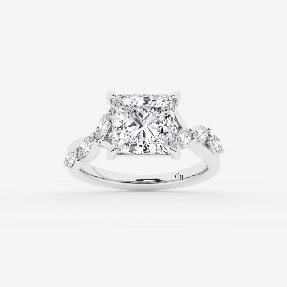 Princess Cut Lab Diamond Engagement Ring Marquise & Round Floral Vine Band