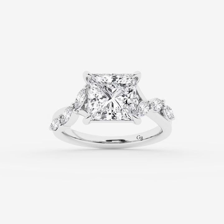Princess Cut Lab Diamond Engagement Ring Marquise & Round Floral Vine Band