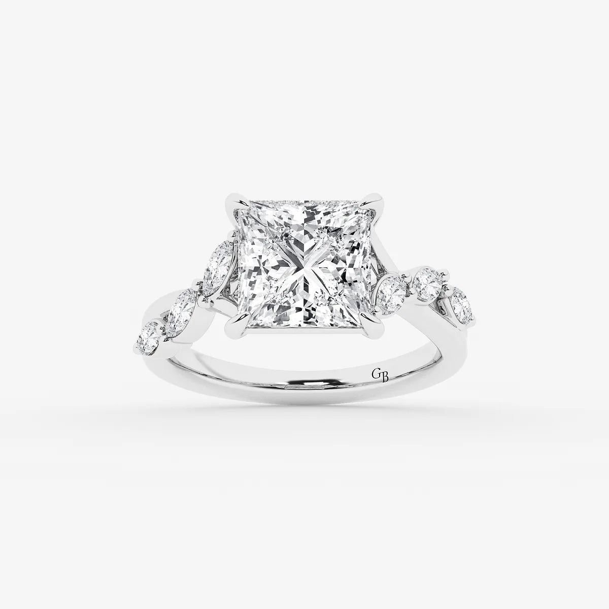 Princess Cut Lab Diamond Engagement Ring Marquise & Round Floral Vine Band