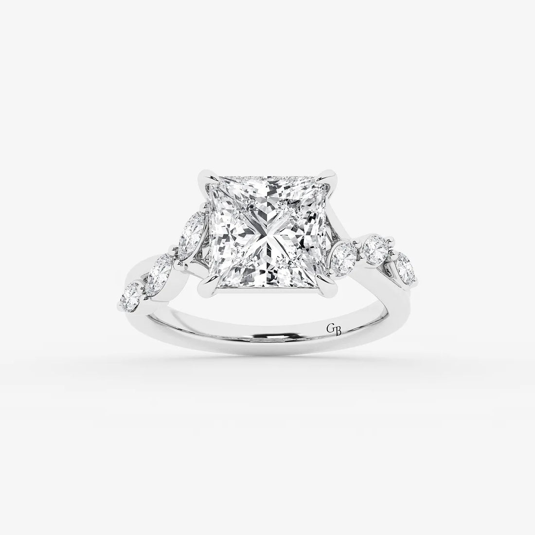 Princess Cut Lab Diamond Engagement Ring Marquise & Round Floral Vine Band