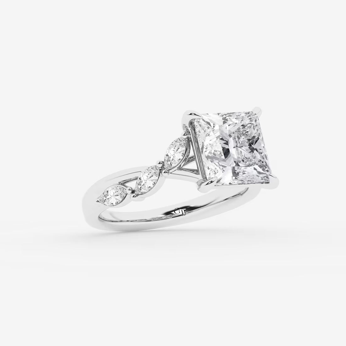 Princess Cut Lab Diamond Engagement Ring Marquise & Round Floral Vine Band