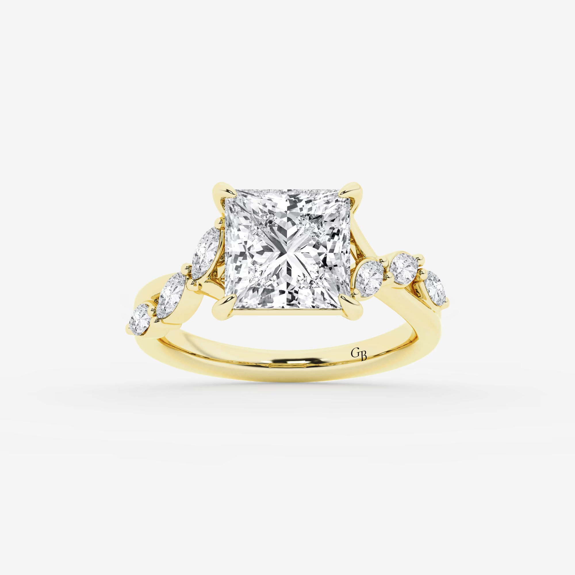 Princess Cut Lab Diamond Engagement Ring Marquise & Round Floral Vine Band