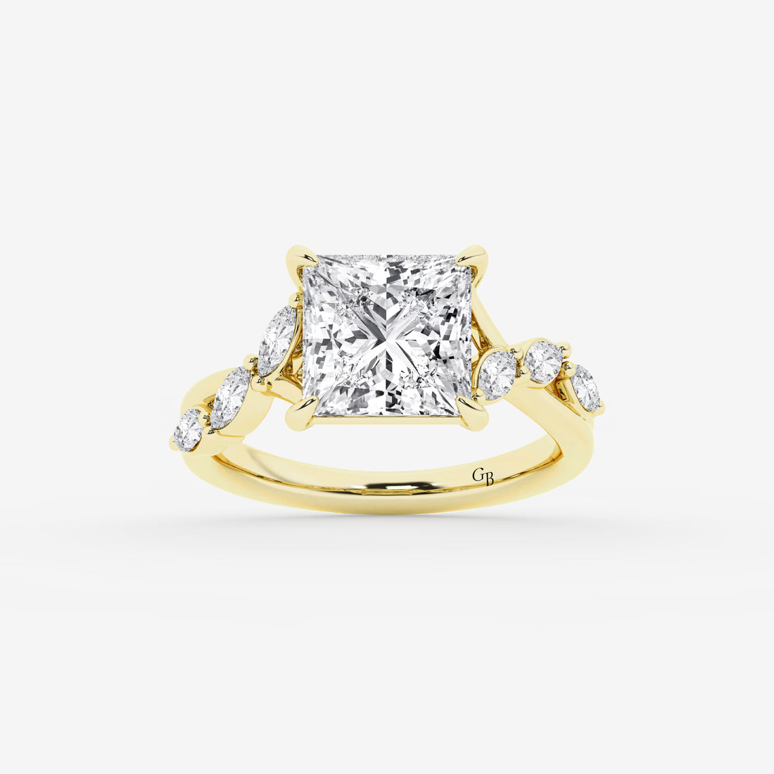 Princess Cut Lab Diamond Engagement Ring Marquise & Round Floral Vine Band