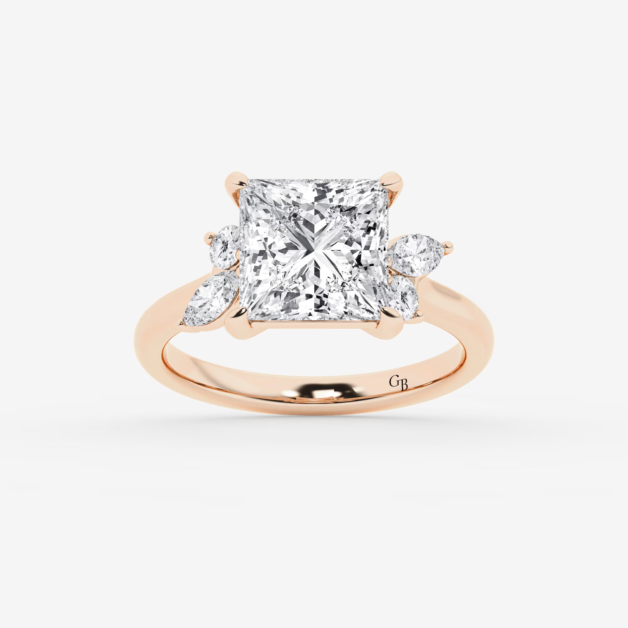 Princess Cut Lab Diamond Engagement Ring   Marquise & Pear Floral Cluster Side Stone